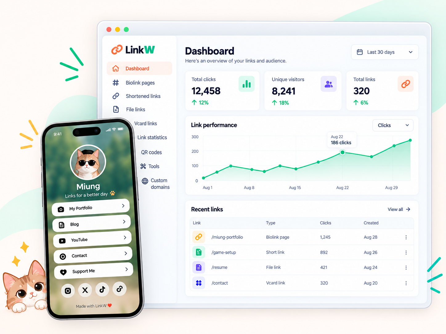 LinkW dashboard with Miung cat profile preview